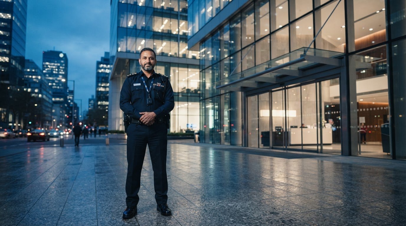 Armor security supervisor on duty at a corporate office entrance